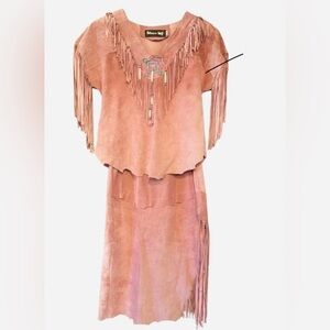 Vintage Patricia Wolf Handmade painted Deerskin fringe skirt top Native American